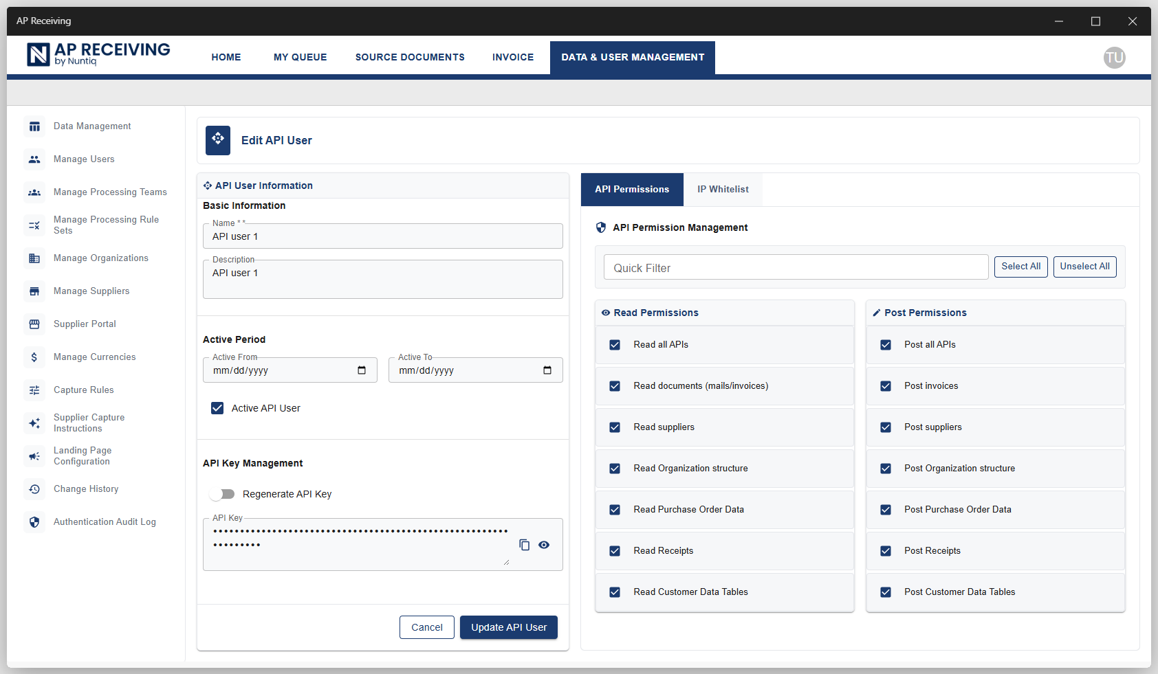 API user management and access configuration