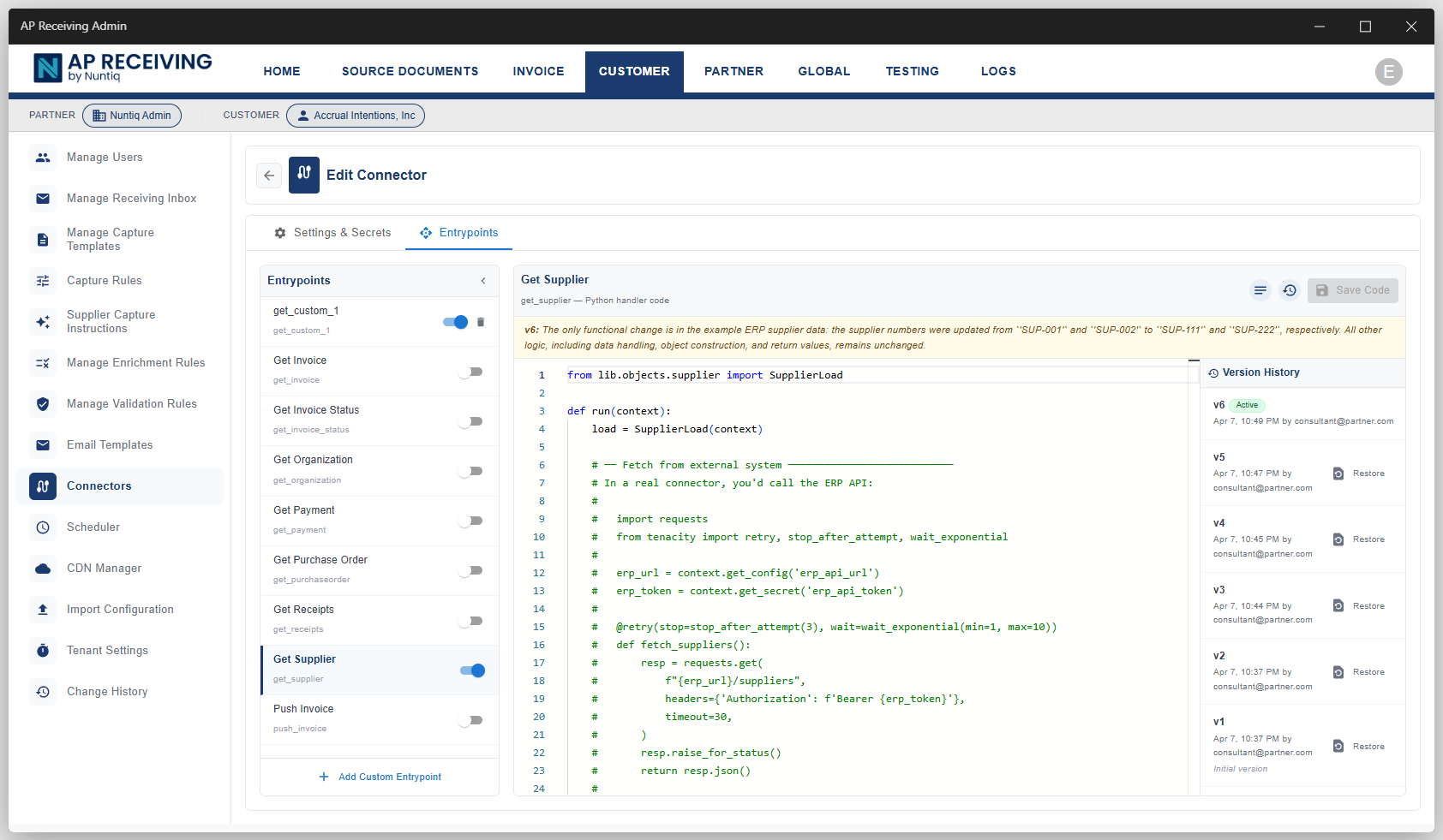 Connector configuration with settings and entrypoints